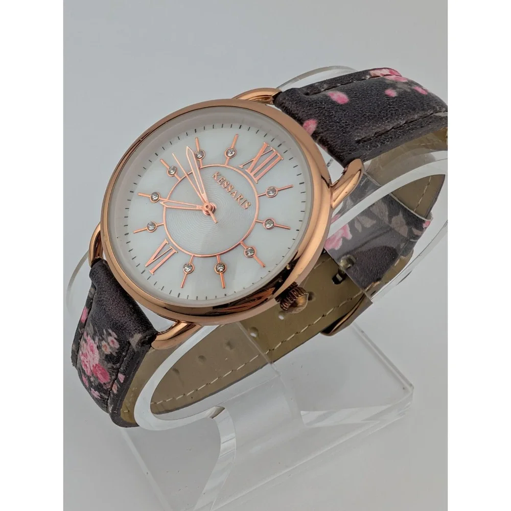 Kessaris Watch Women 33mm Rose Gold Case MOP Dial Floral‎ Band- New Battery